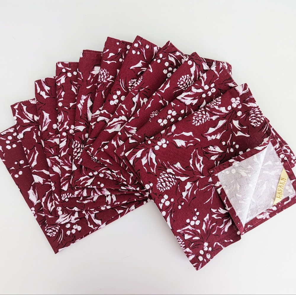 NEW RALPH LAUREN Classic Holly Pinecone Fabric Napkins Set of 11 Burgundy Red